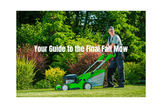 a man standing nearby his push lawn mower