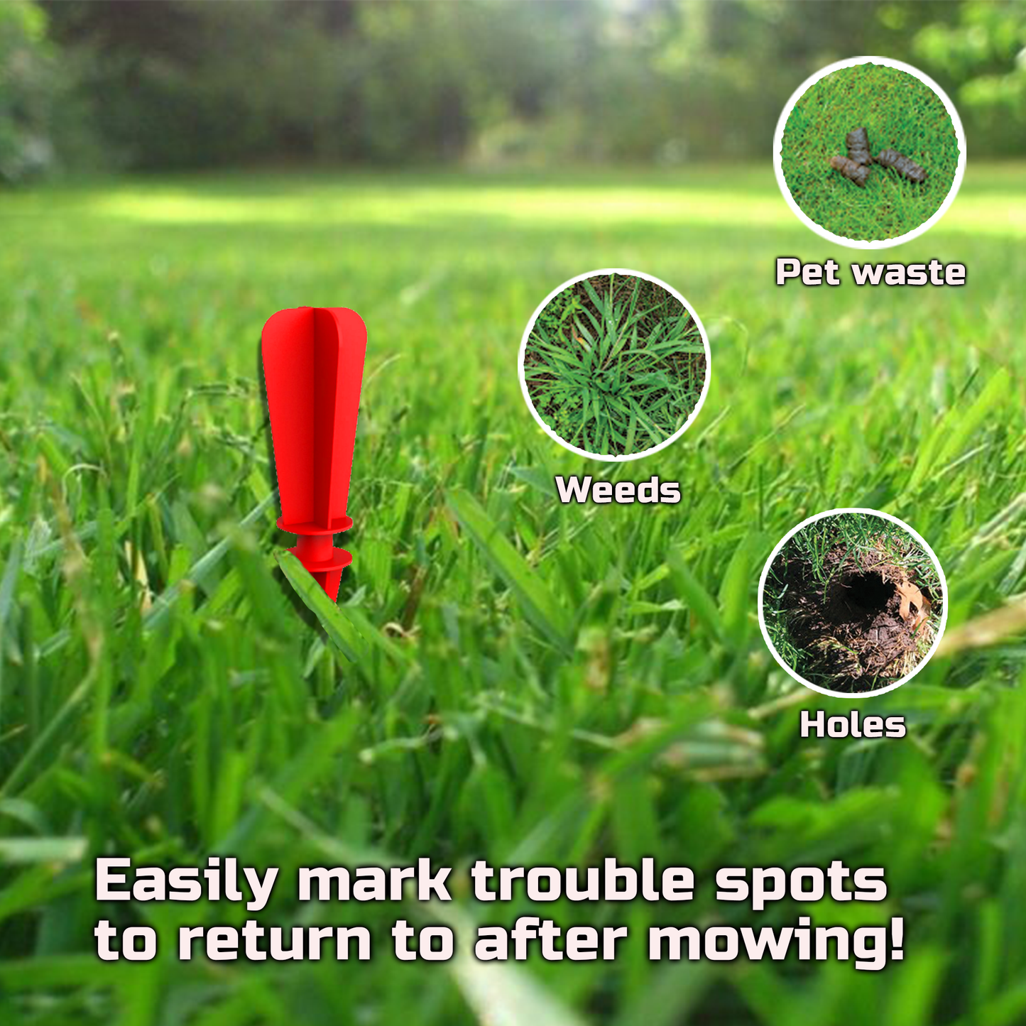 Graphic shows the lawn marking system different usage: to mark weeds, pet waste, and holes