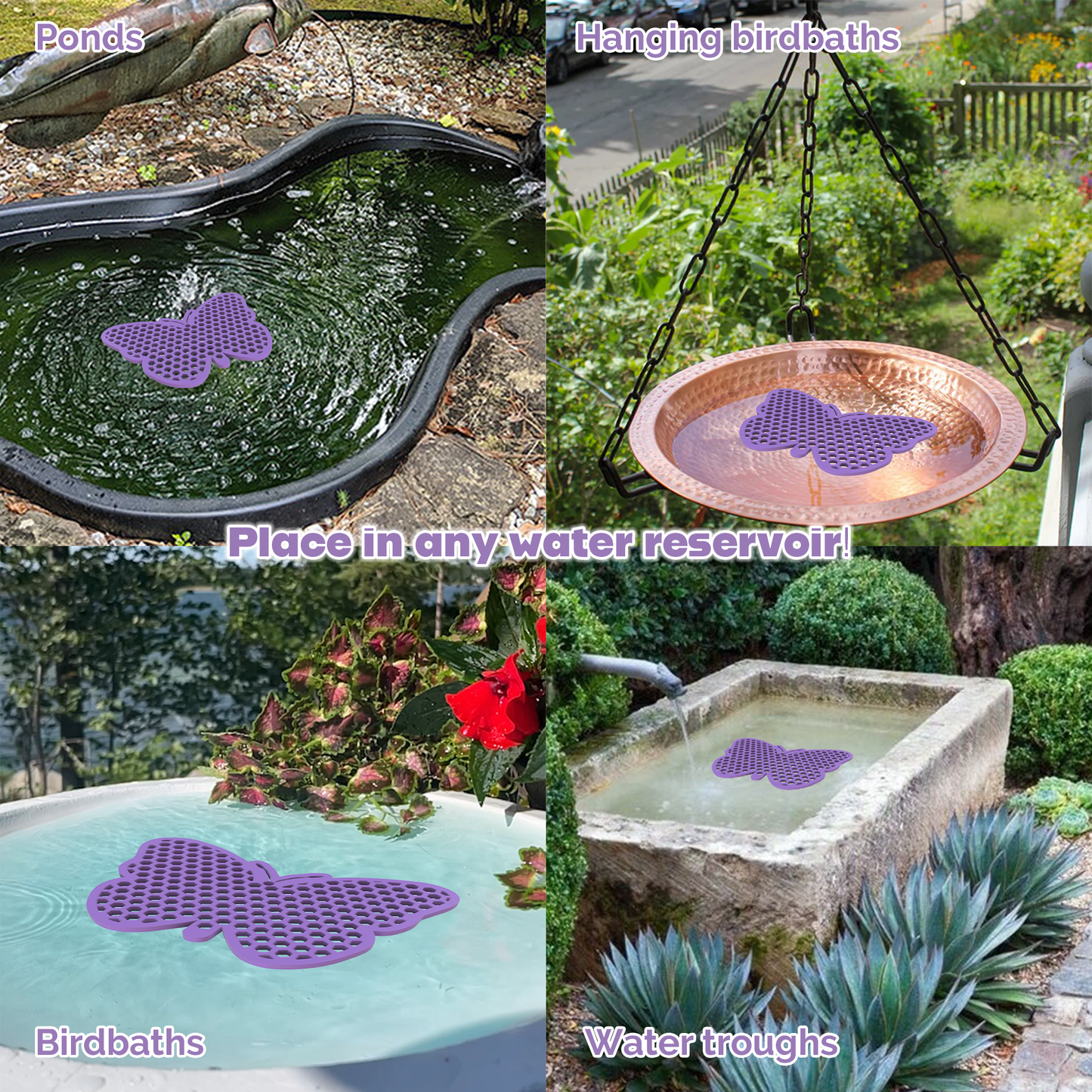Graphic shows 4 water reservoirs - ponds, hanging birdbaths, birdbaths, and water throughs and butterfly shaped purple bee pontoon placed in them