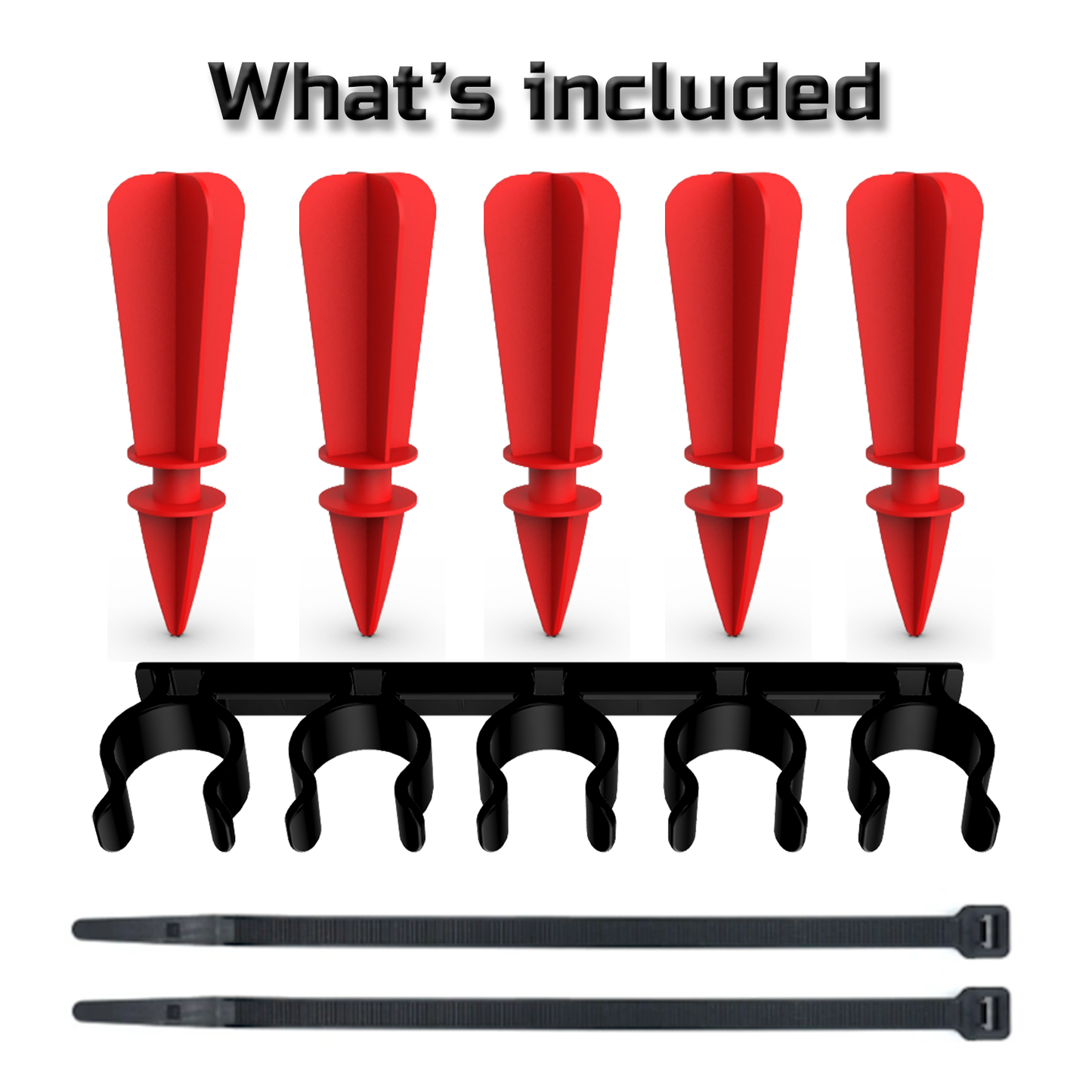 five red markers, the holder, and two stripes titled "what is included"