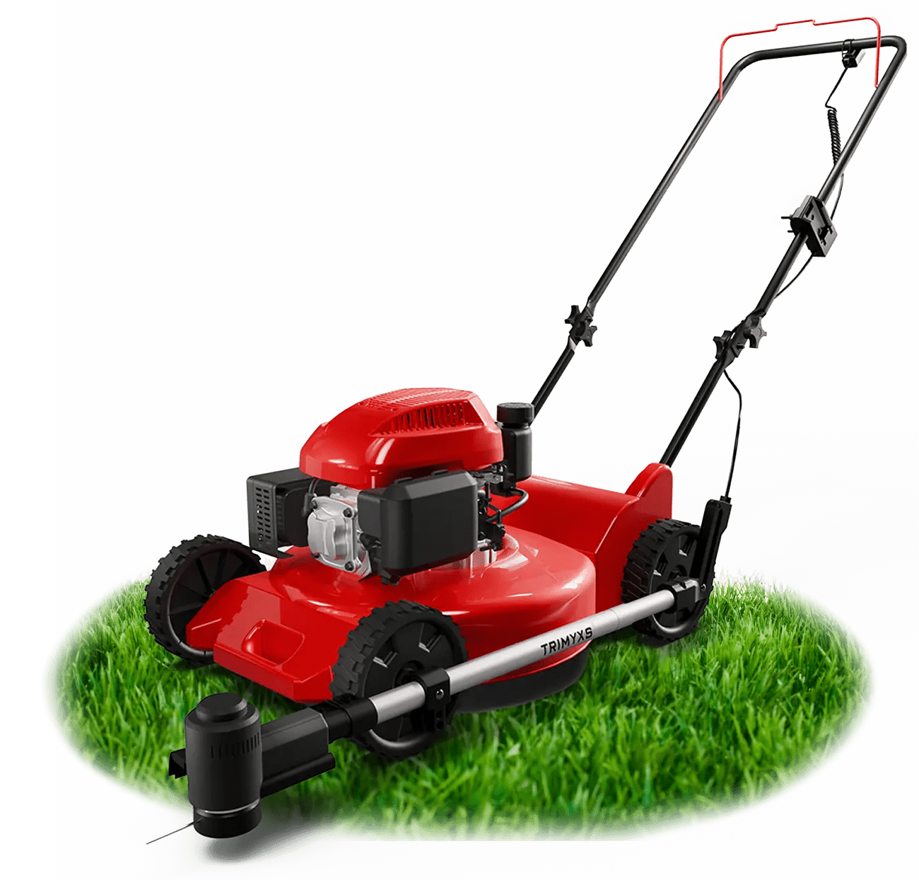 Trimyxs Universal Lawn Mower Attachment installed on a push mower for precision trimming and edging.