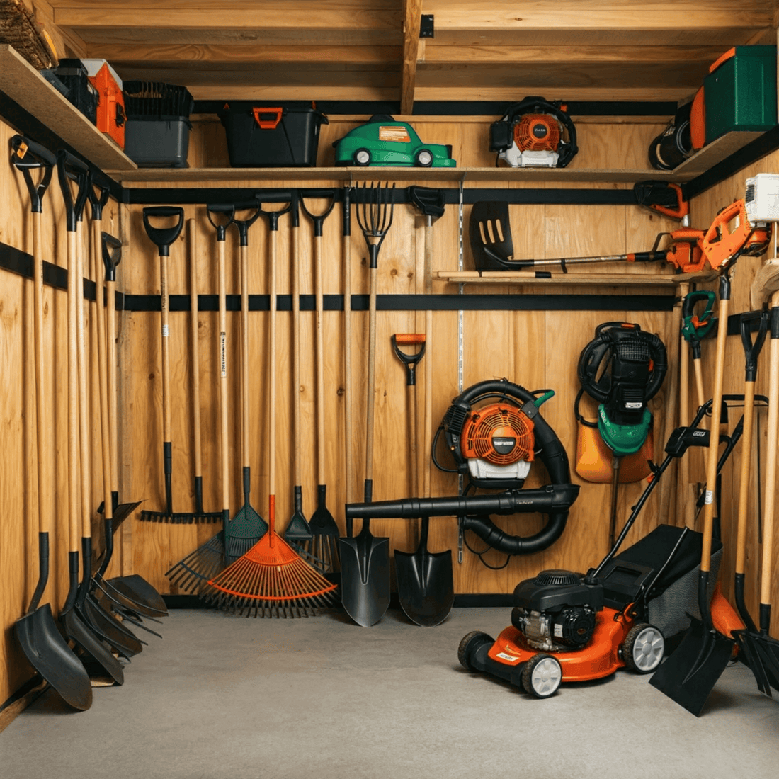 lawn care tools are in the storage