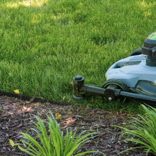 the trimyxs - trimmer and edger attachent - attached to a push lawn mower in action