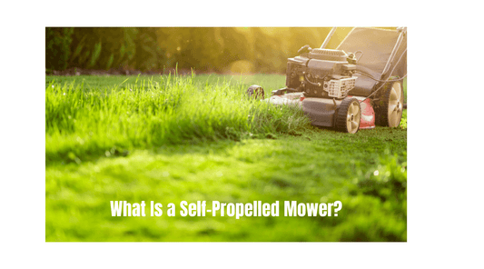 Mower cutting grass with text 'What Is a Self-Propelled Mower?"