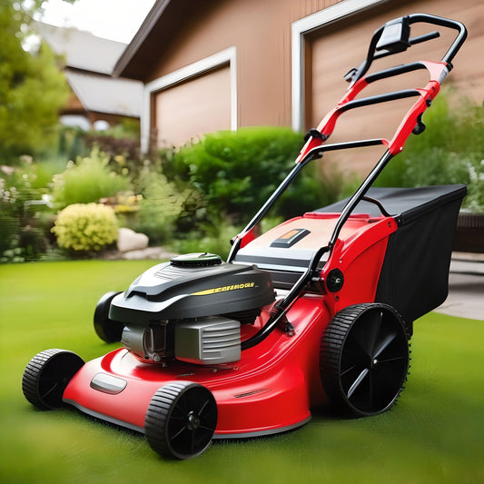 red push lawn mower is on the green lawn nearby the garage. AI generated image