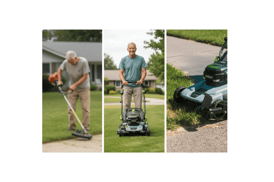 Infographic: Trimyxs push mower attachment eliminates back pain and awkward posture, offering the best string trimmer alternative.