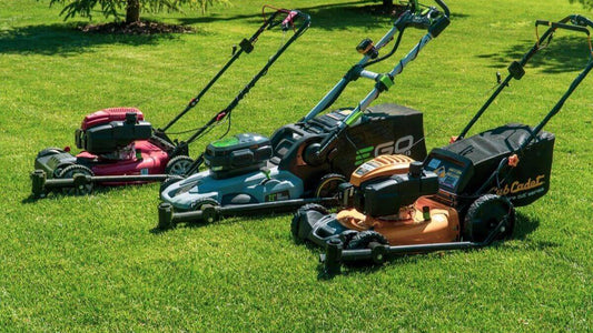 red, yellow, and blue push lawn mowers on the green lawn