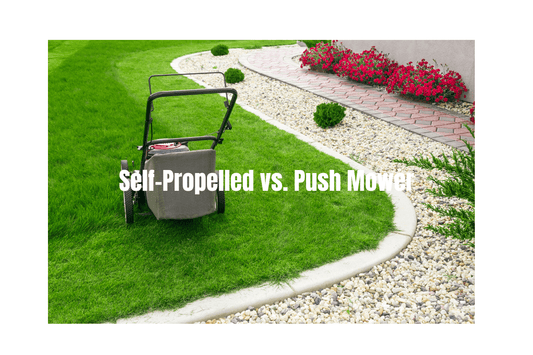 red push mower on the ground, titled self-propelled vs push mower