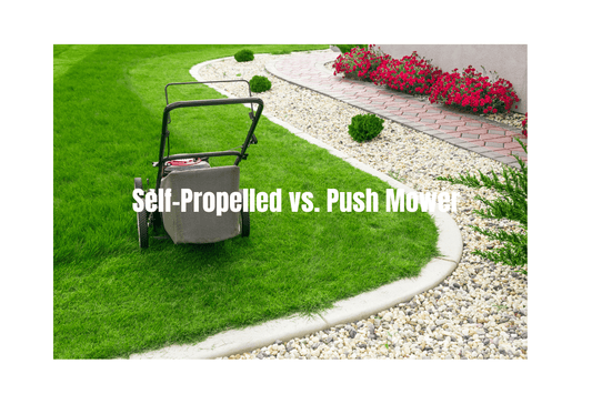 red push mower on the ground, titled self-propelled vs push mower