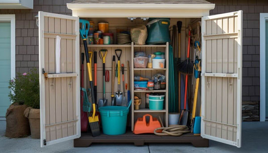 Storage shed filled with gardening tools 