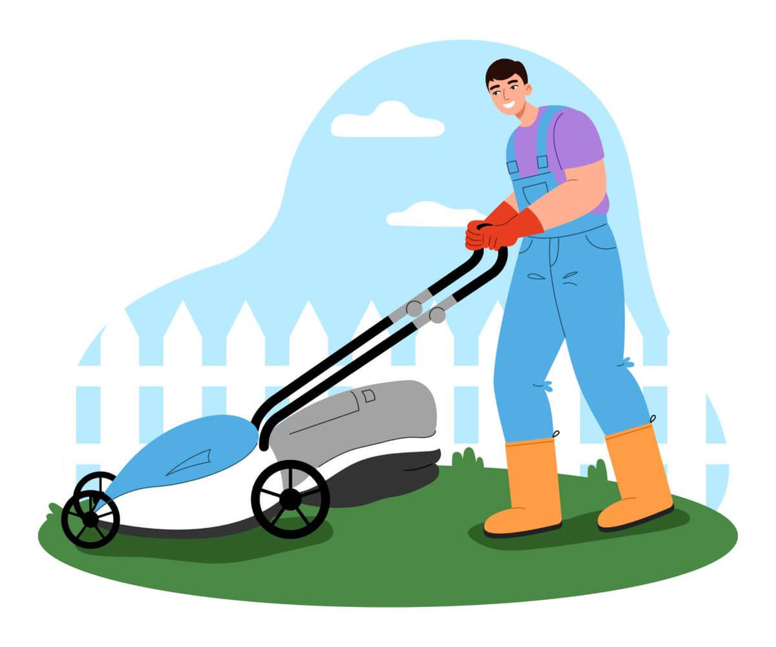 male gardener working in the yard handyman character mowing