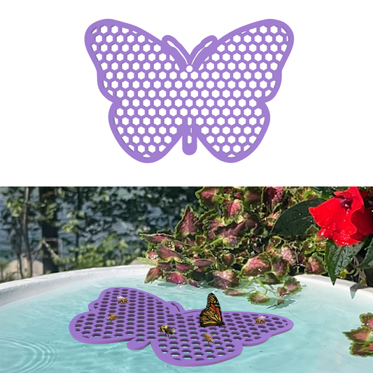 Graphic shows a butterfly shaped purple bee pontoon placed in the water source.