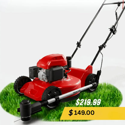 Red lawn mower on grass and Trimyx attachment attached with price tags on a white background