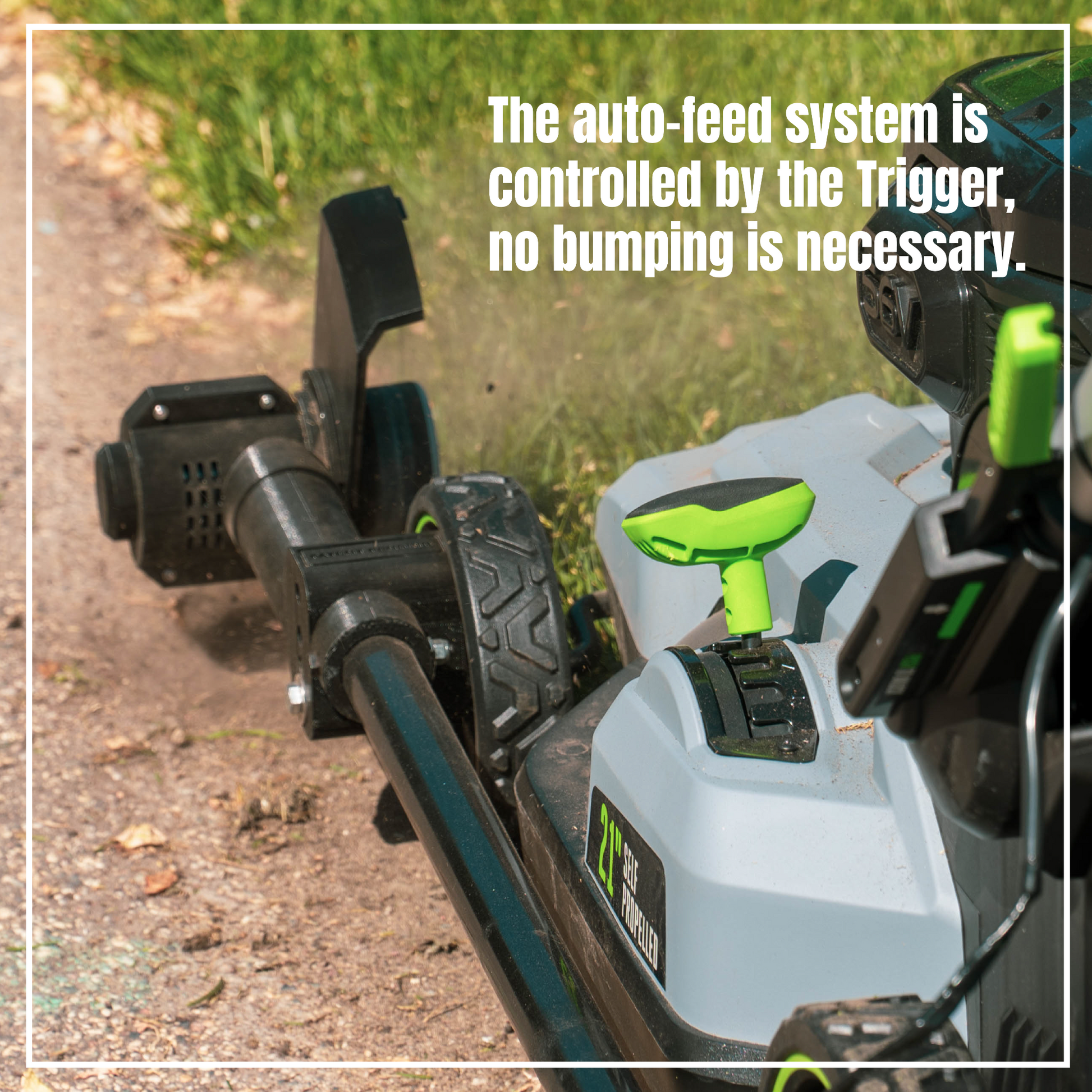 Graphic titled "the auto-feed system is controlled by the trigger, no bumping is necessary shows the Trimyxs attached to the push lawn mower