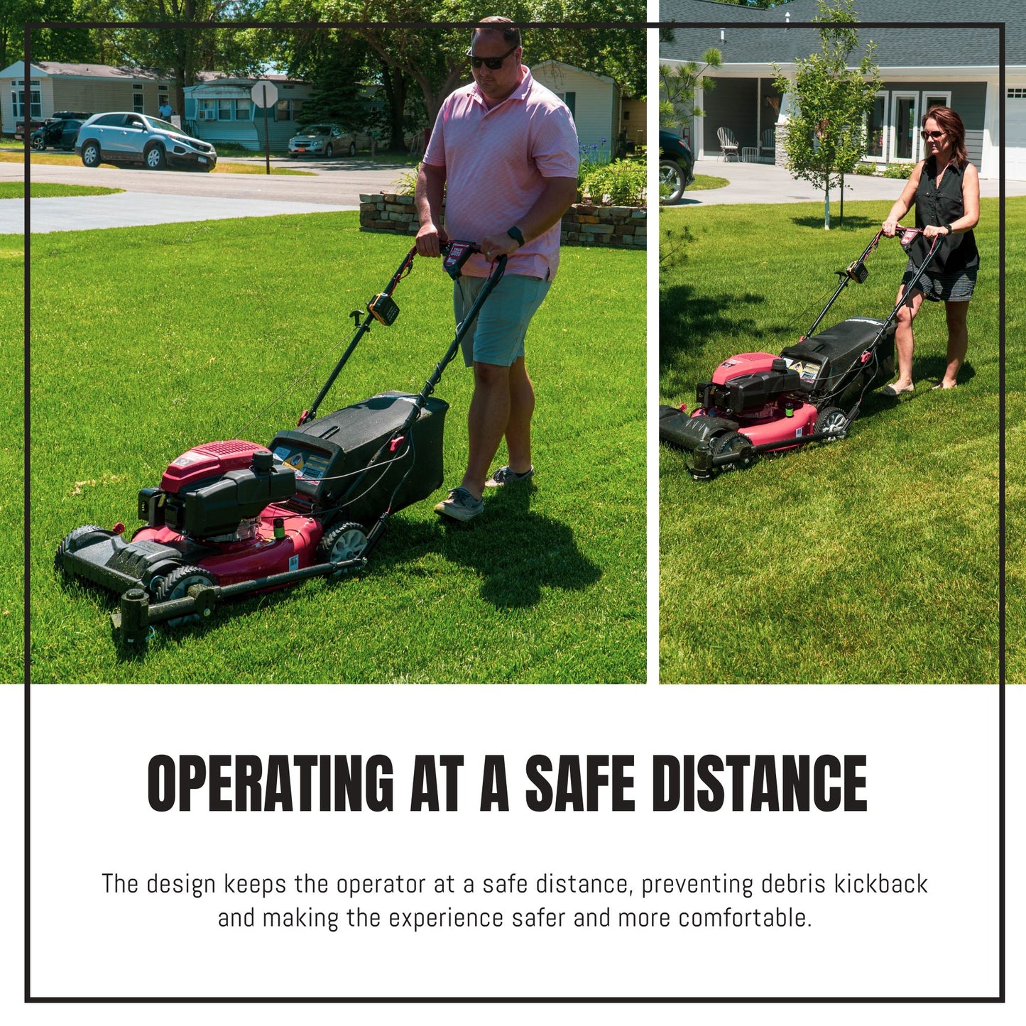 graphic titled "operating at a safe distance" shows a man and a women mowing the lawns with the Trimyxs attached.