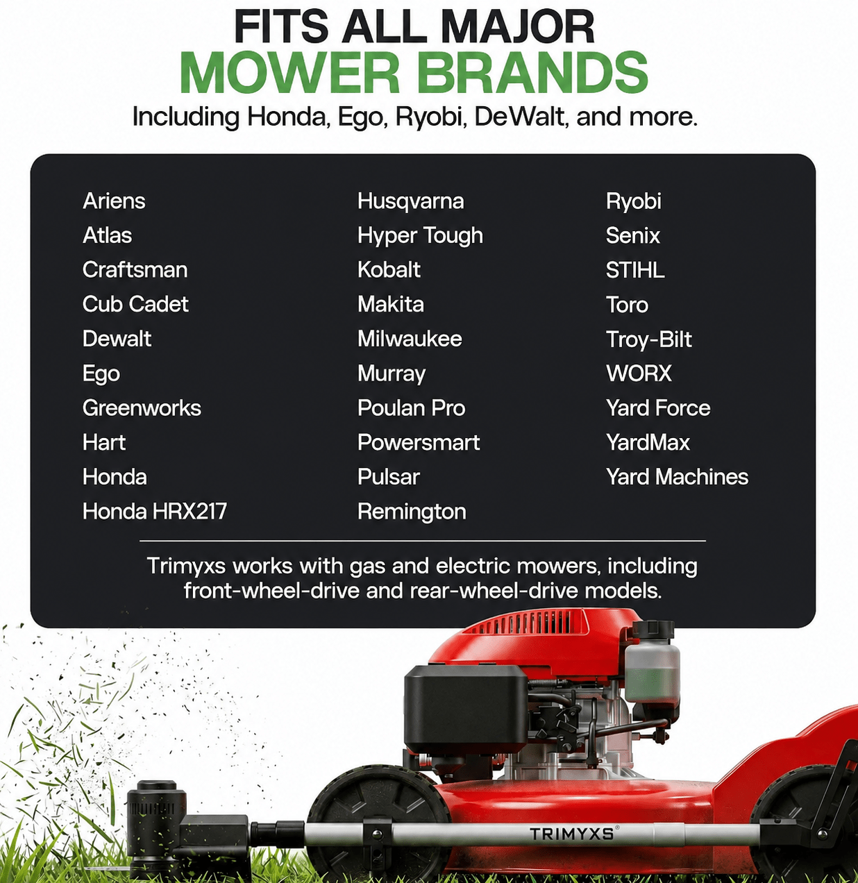 Trimmer & Edger Push Mower Attachment (Trimyxs), 20V Battery & Charger