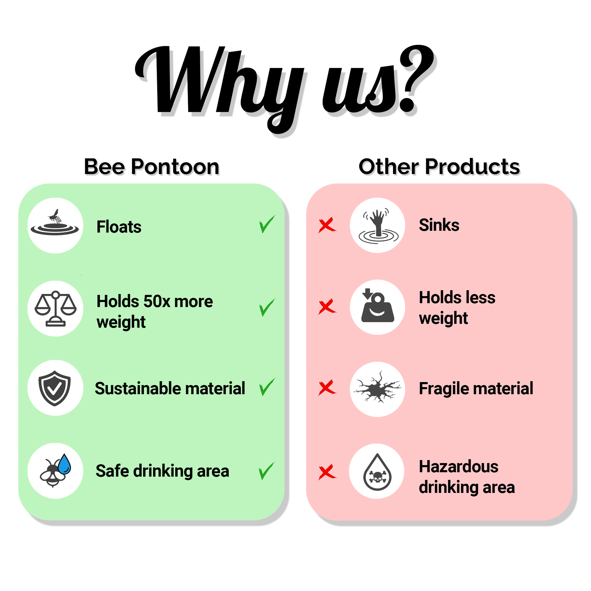 Graphics titled "Why us?" shows the cons of bee pontoon compared to other products.