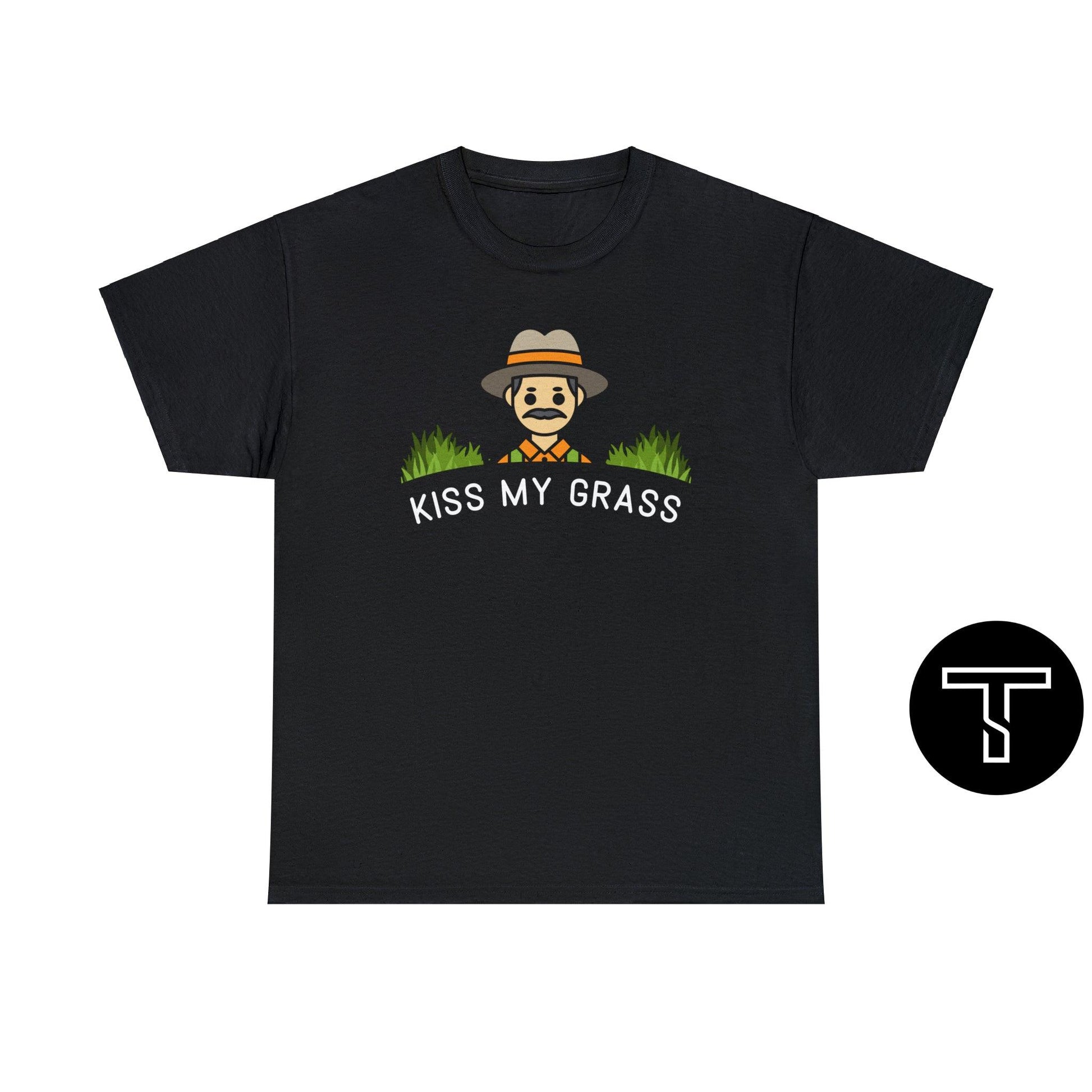 A black t-shirt with phrase "kiss my grass" and an image of a man holding a two lawn care tools