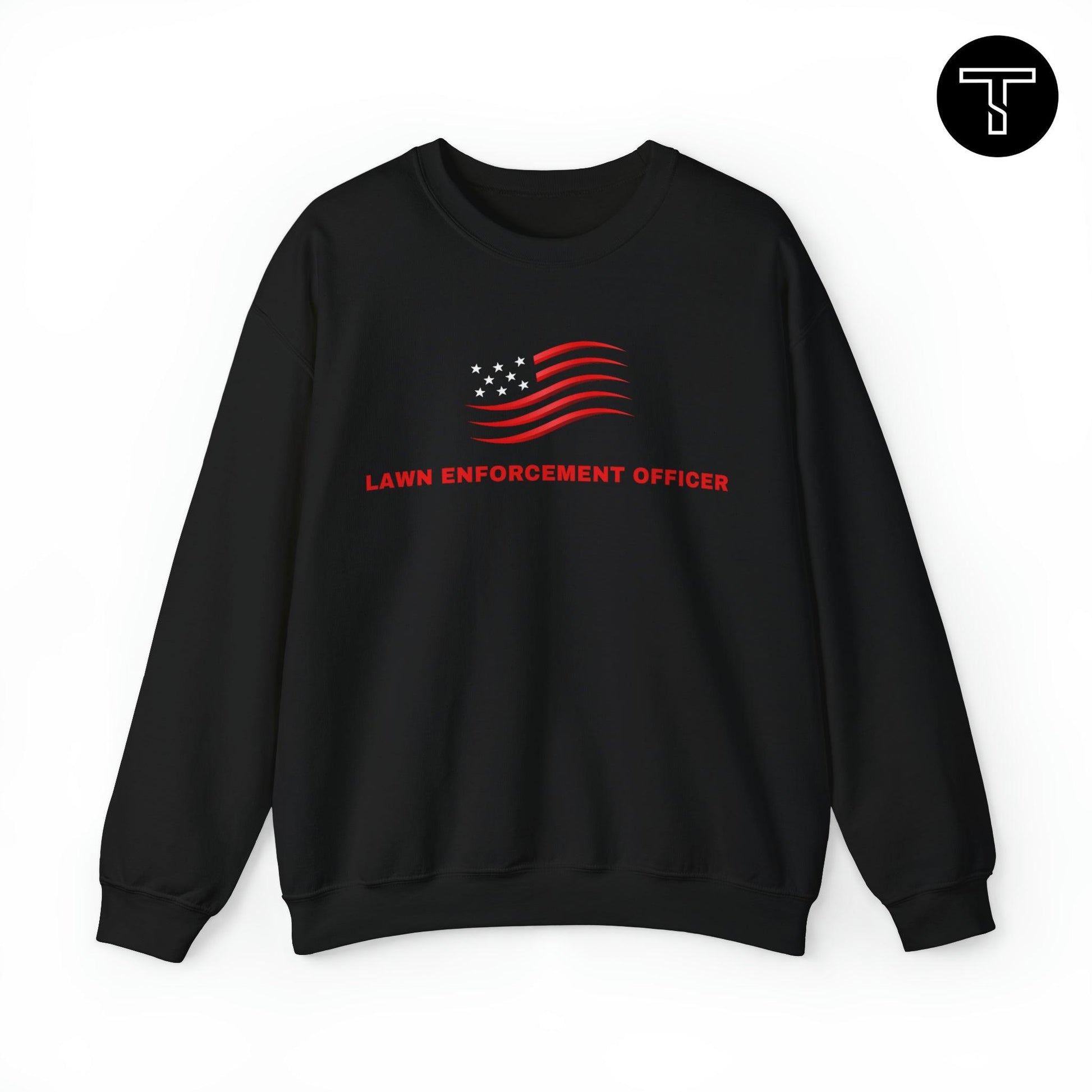 A black sweatshirt with phrase "lawn enforcement officer" and an symbol of the American flag