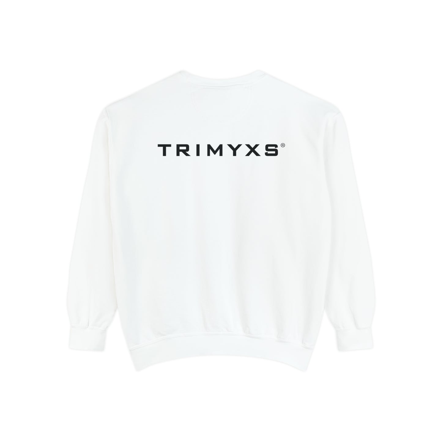 A back side of a white sweatshirt with the phrase trimyxs 