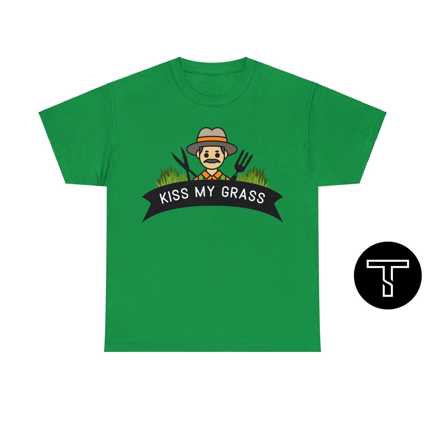 A green t-shirt with phrase "kiss my grass" and an image of a man holding a two lawn care tools