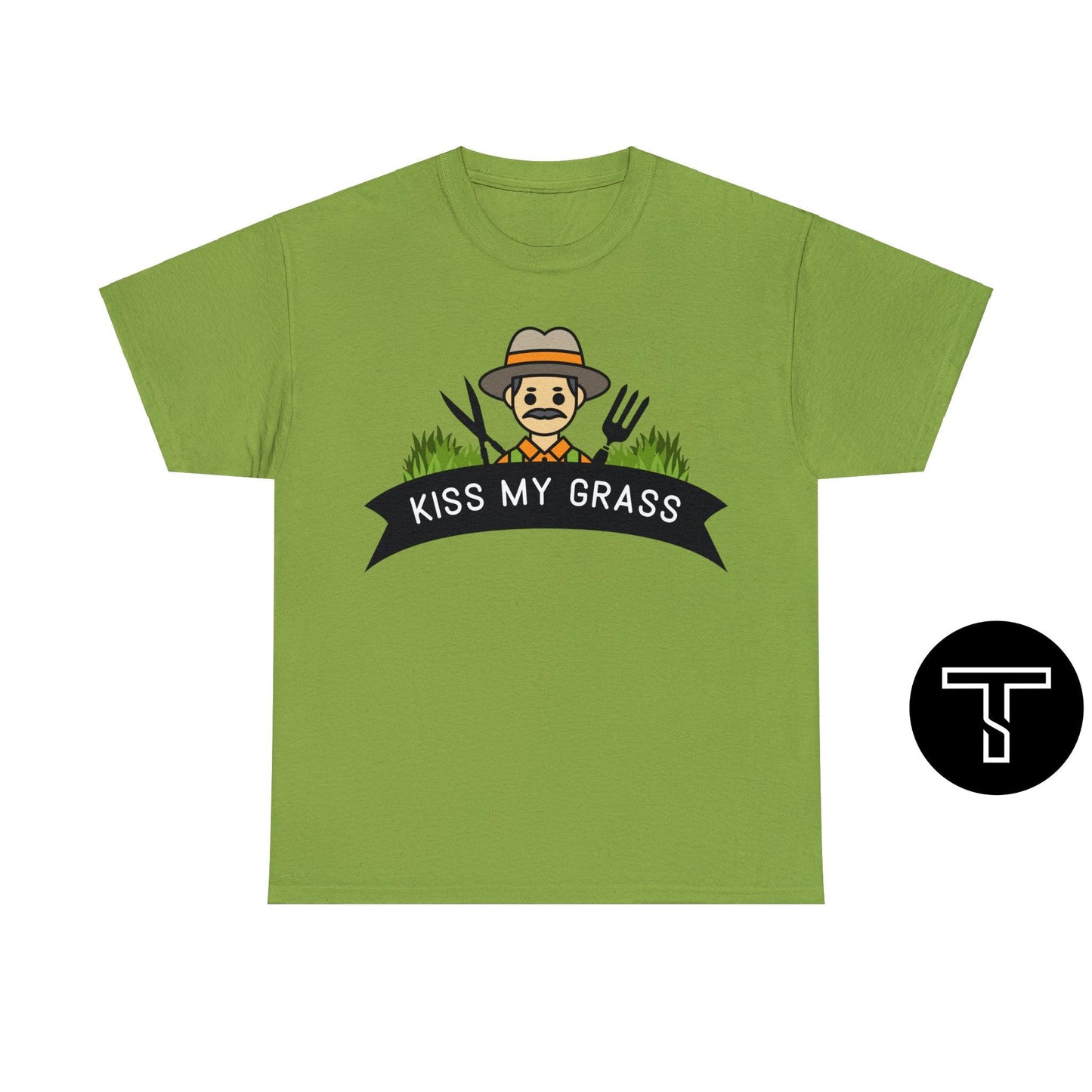 A kiwi t-shirt with phrase "kiss my grass" and an image of a man holding a two lawn care tools