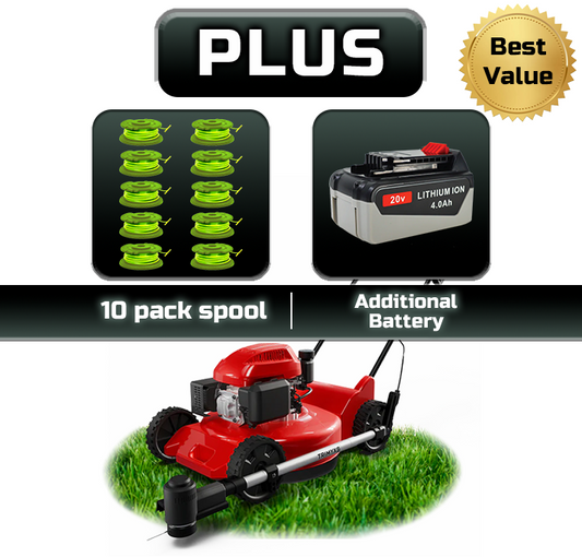 Trimmer & Edger Push Mower Attachment, plus battery and charger, 10-pack spools, and an additional battery. Mark - best value