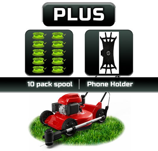 Trimmer & Edger Push Mower Attachment, plus battery and charger, 10-pack spools, and a phone holder