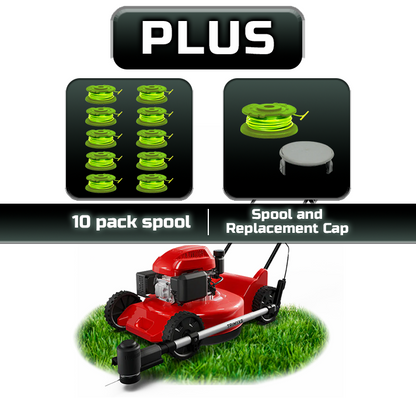 Trimmer & Edger Push Mower Attachment, plus battery and charger, 10-pack spools, and spool and replacement cap