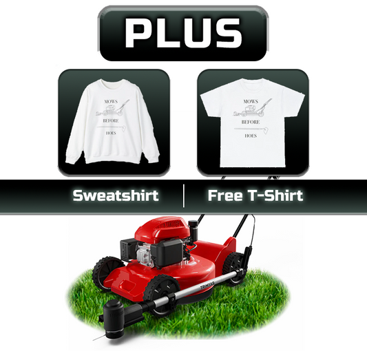 Trimmer & Edger Push Mower Attachment, plus battery and charger, sweatshirt, and free t-shirt