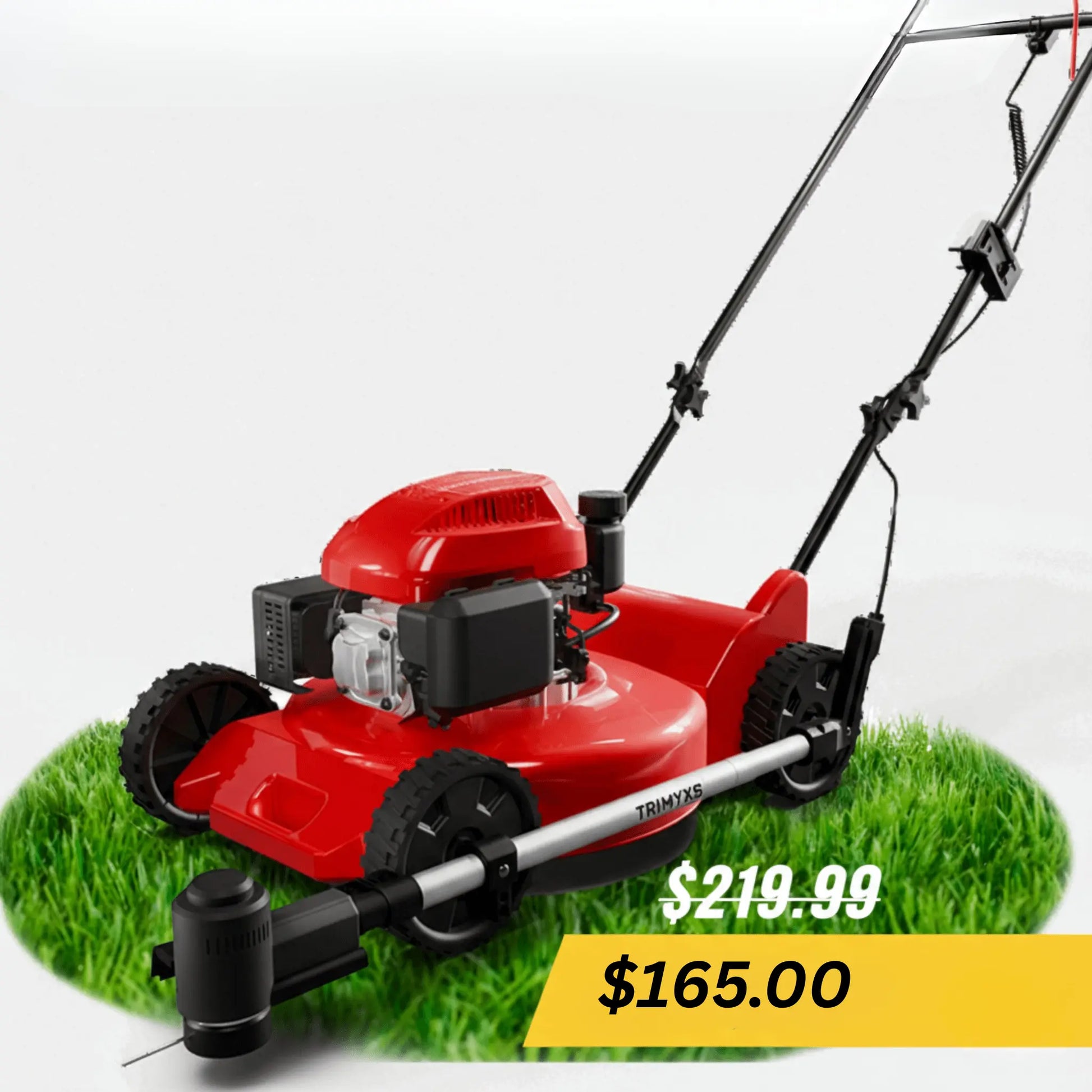Red lawn mower with the Trimyxs attached  on grass and with price tags on a white background