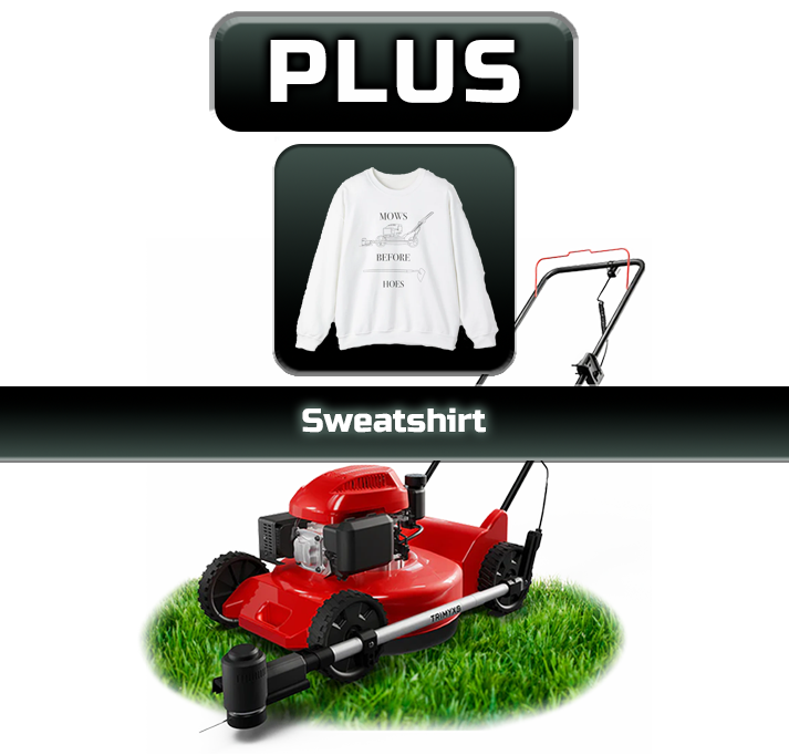 Trimmer & Edger Push Mower Attachment, plus battery and charger, and a sweatshirt