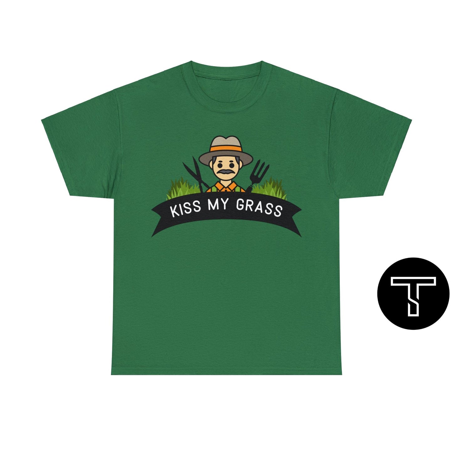 A turf-green t-shirt with phrase "kiss my grass" and an image of a man holding a two lawn care tools