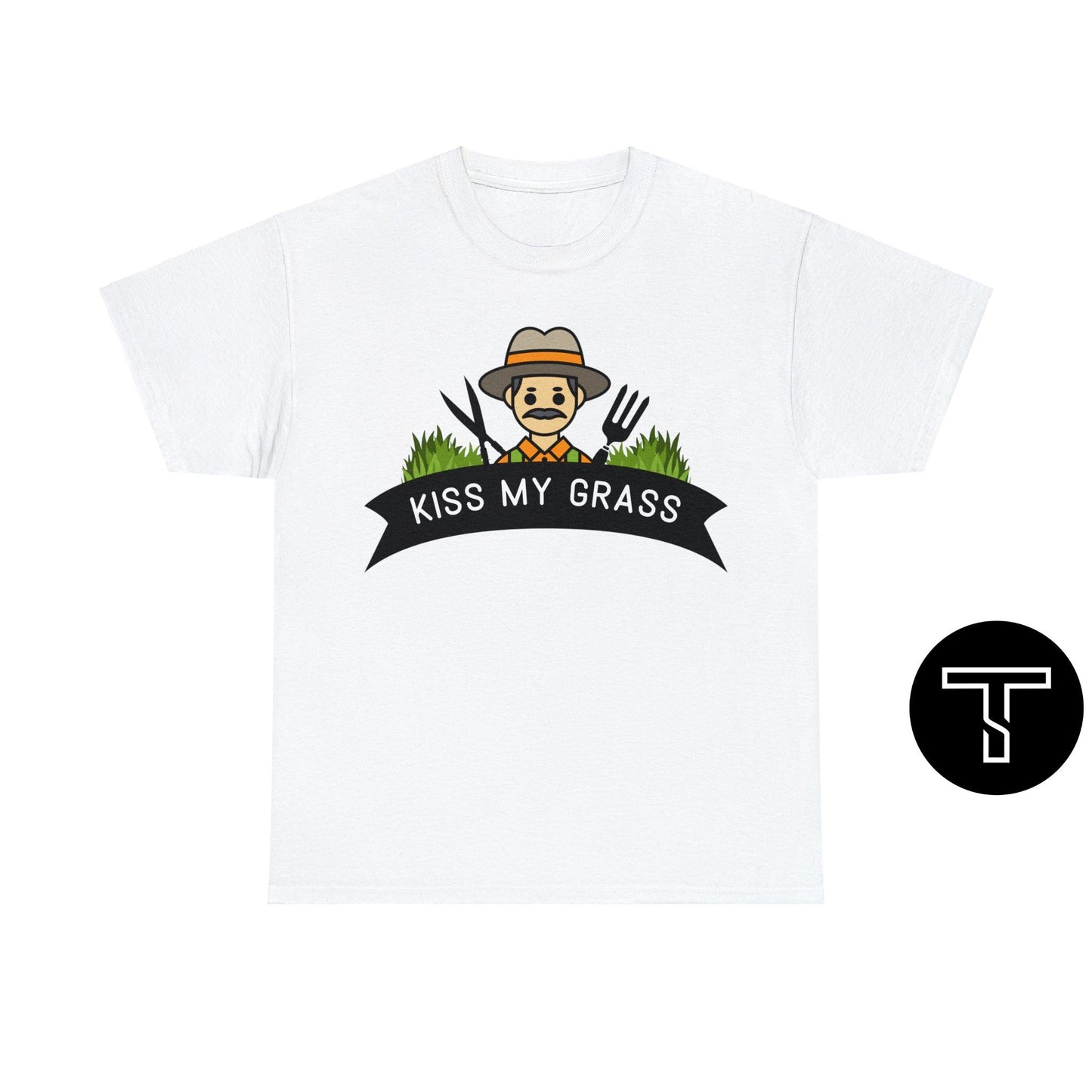 A white t-shirt with phrase "kiss my grass" and an image of a man holding a two lawn care tools