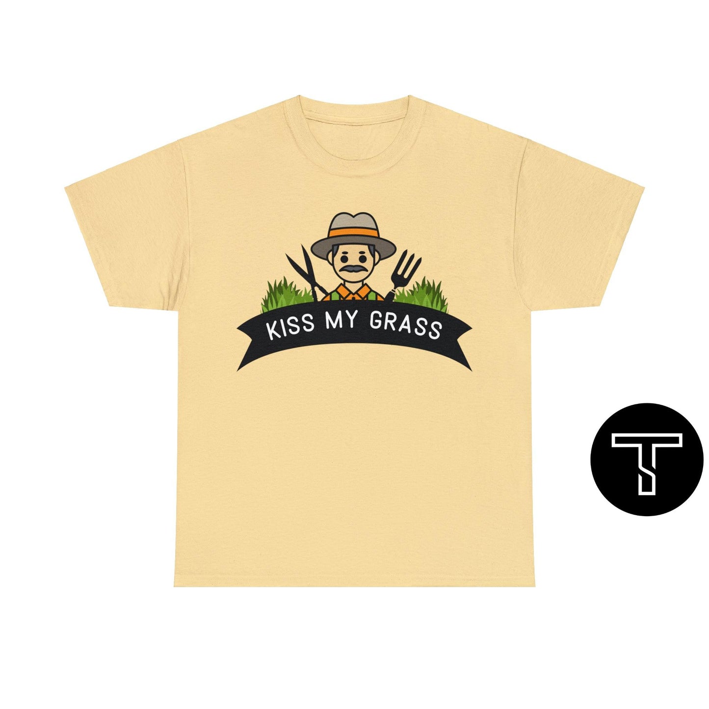 A yellow haze t-shirt with phrase "kiss my grass" and an image of a man holding a two lawn care tools